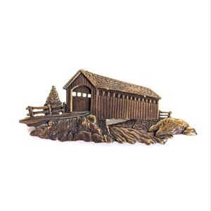 Vintage Signed JJ Rustic Outdoor Covered Bridge Traveler Bronze Color Brooch
